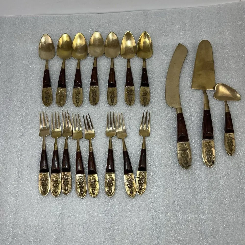 VTG Siam MCM THAILAND BUDDHA BRONZEWARE BRASS 18PC SET Fruit Fork Dessert Spoons